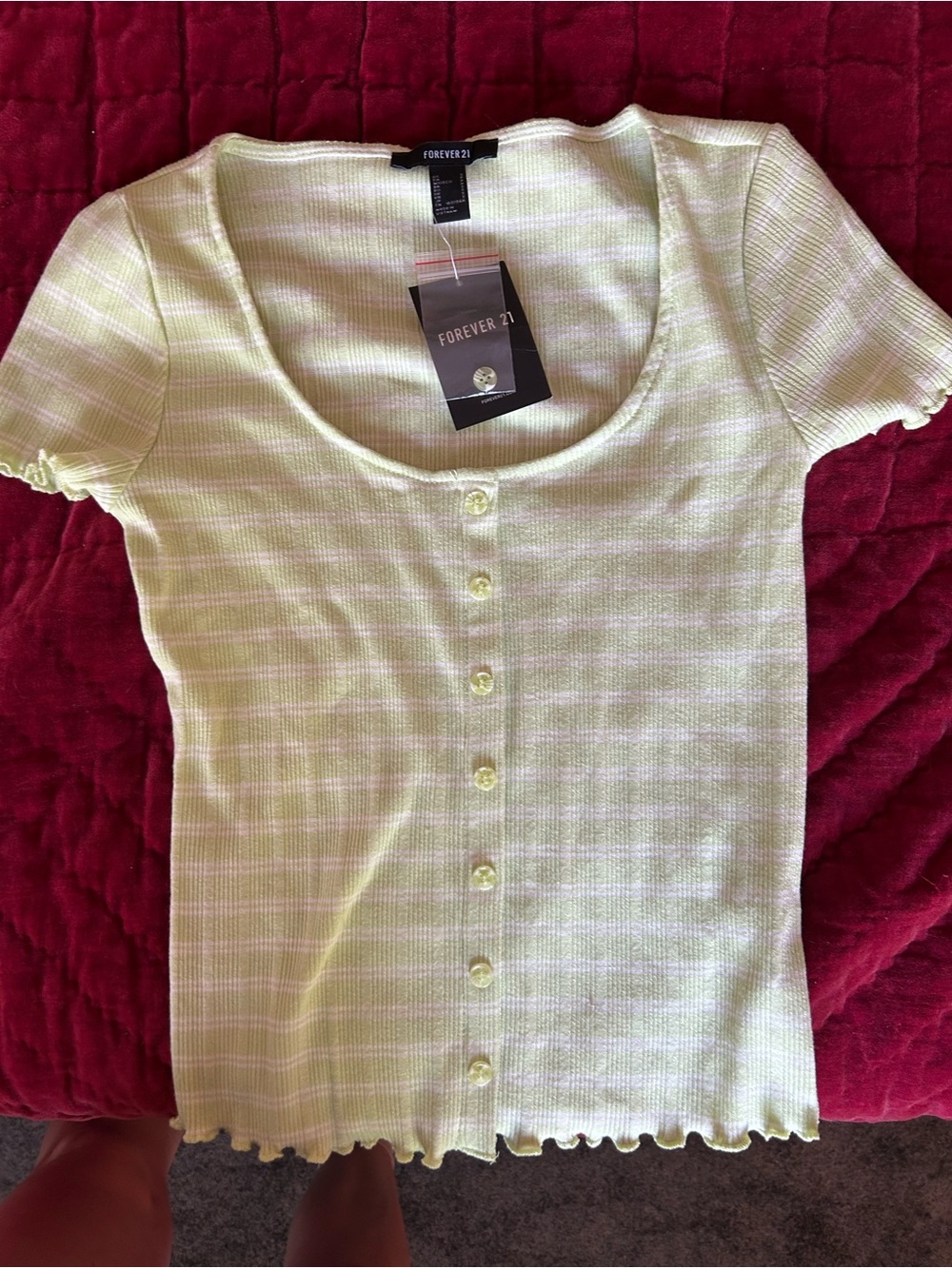 Forever 21 Lime Stripe Ribbed Button-Front Top